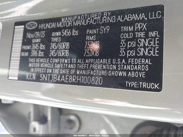 Продаж на аукціоні авто 2024 Hyundai Santa Cruz Sel, vin: 5NTJB4AE8RH100820, номер лоту: 45296817