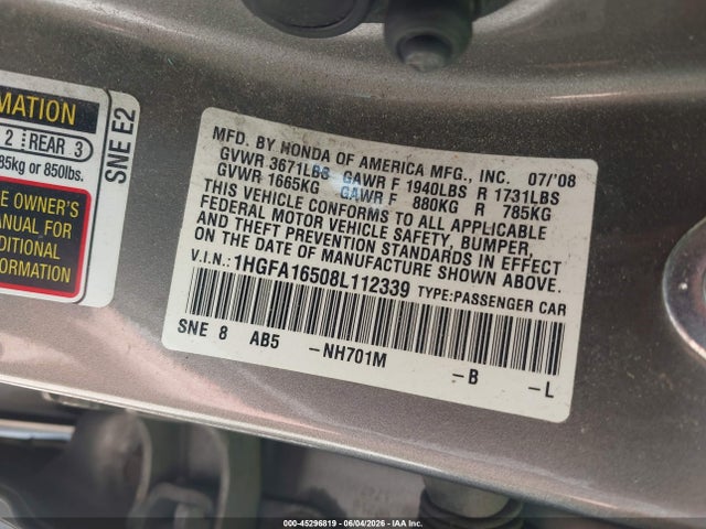 2008 Honda Civic Lx მანქანა იყიდება აუქციონზე, vin: 1HGFA16508L112339, აუქციონის ნომერი: 45296819