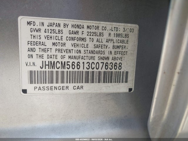 2003 Honda Accord 2.4 Ex მანქანა იყიდება აუქციონზე, vin: JHMCM56613C076368, აუქციონის ნომერი: 45296822