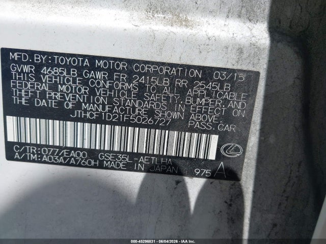 Продаж на аукціоні авто 2015 Lexus Is 250, vin: JTHCF1D21F5026727, номер лоту: 45296831
