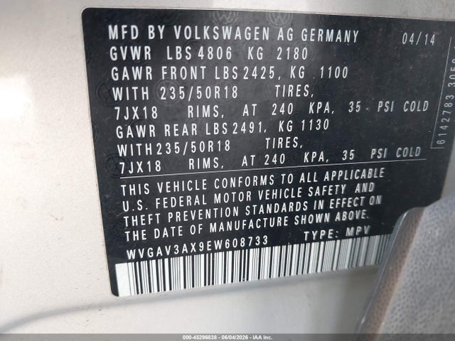 Aukcja sprzedaży 2014 Volkswagen Tiguan Se, vin: WVGAV3AX9EW608733, numer aukcji: 45296838
