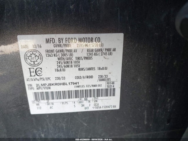 2017 Lincoln Mkx Select მანქანა იყიდება აუქციონზე, vin: 2LMPJ8KR0HBL17941, აუქციონის ნომერი: 45296859