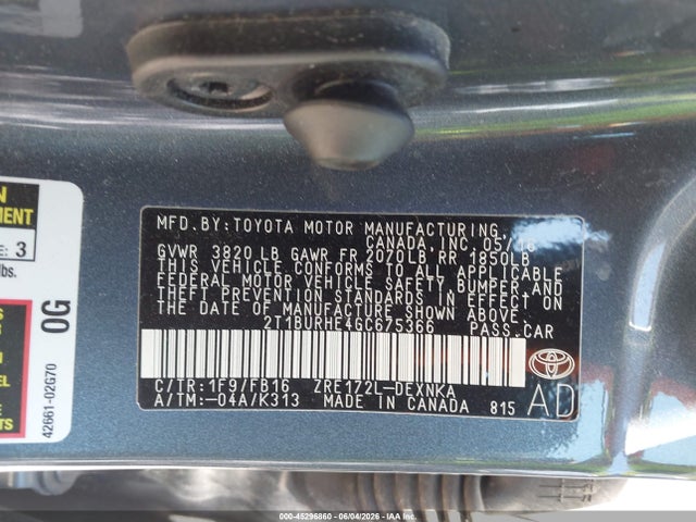 Aukcja sprzedaży 2016 Toyota Corolla Le, vin: 2T1BURHE4GC675366, numer aukcji: 45296860