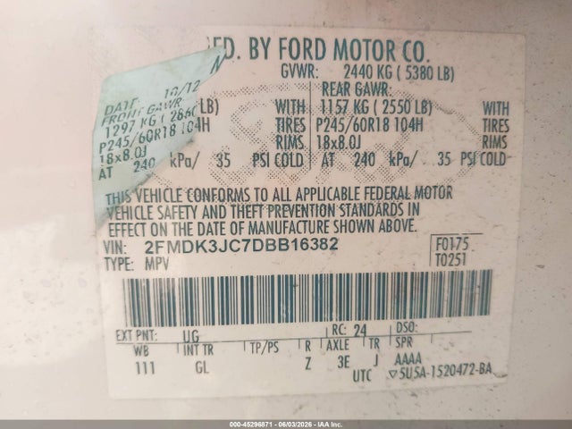 2013 Ford Edge Sel მანქანა იყიდება აუქციონზე, vin: 2FMDK3JC7DBB16382, აუქციონის ნომერი: 45296871