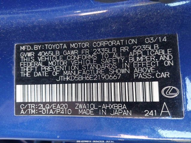 Aukcja sprzedaży 2014 Lexus Ct 200h, vin: JTHKD5BH6E2190667, numer aukcji: 45296914