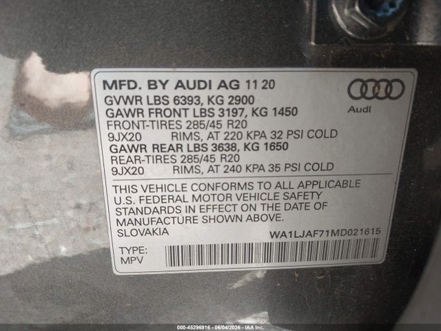 Продажа на аукционе авто 2021 Audi Q7 Premium Plus 45 Tfsi Quattro Tiptronic, vin: WA1LJAF71MD021615, номер лота: 45296916