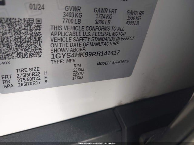 Продаж на аукціоні авто 2024 Cadillac Escalade 4wd V-series, vin: 1GYS4HK99RR141417, номер лоту: 45296925