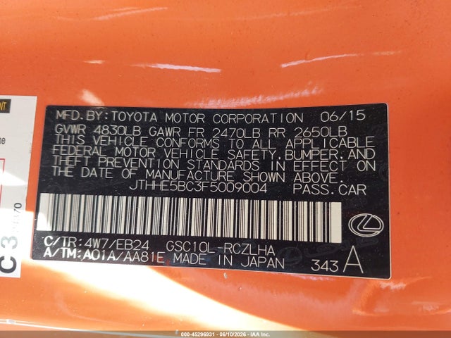Продаж на аукціоні авто 2015 Lexus Rc 350, vin: JTHHE5BC3F5009004, номер лоту: 45296931