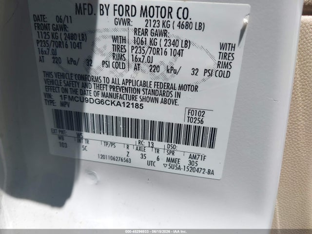 Aukcja sprzedaży 2012 Ford Escape Xlt, vin: 1FMCU9DG6CKA12185, numer aukcji: 45296933