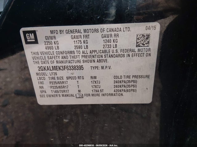 45296938 :رقم المزاد ، 2GKALMEK3F6338395 vin ، 2015 Gmc Terrain Sle-1 مزاد بيع