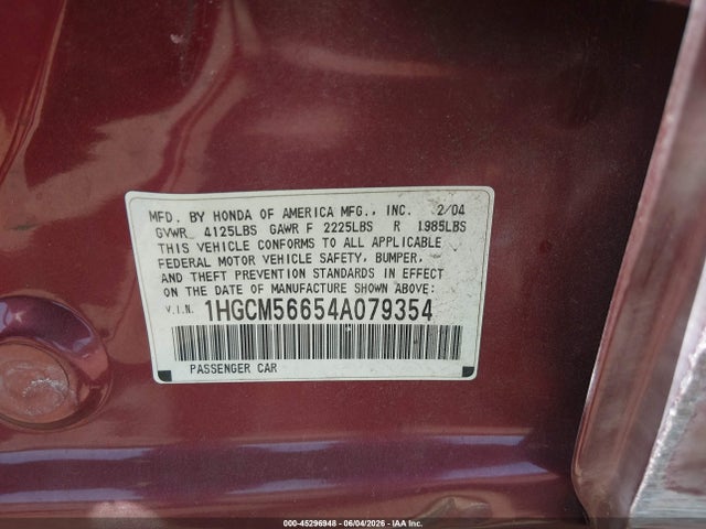 45296948 :رقم المزاد ، 1HGCM56654A079354 vin ، 2004 Honda Accord 2.4 Ex مزاد بيع