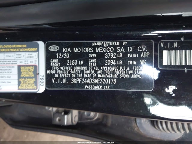 Aukcja sprzedaży 2021 Kia Forte Fe, vin: 3KPF24AD3ME320178, numer aukcji: 45296950