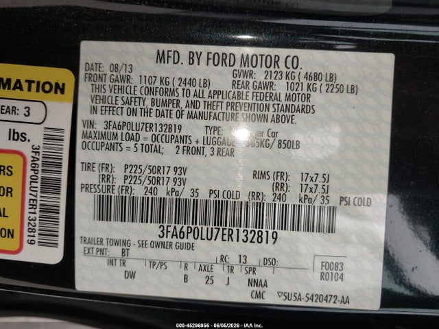 2014 Ford Fusion Se Hybrid მანქანა იყიდება აუქციონზე, vin: 3FA6P0LU7ER132819, აუქციონის ნომერი: 45296956