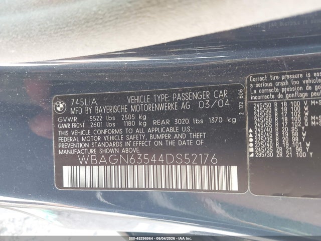 Продаж на аукціоні авто 2004 Bmw 745li, vin: WBAGN63544DS52176, номер лоту: 45296964