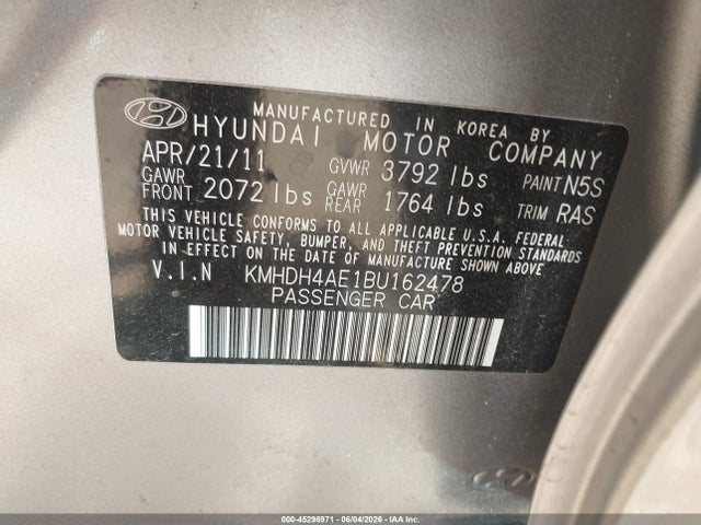 Продажа на аукционе авто 2011 Hyundai Elantra Limited (ulsan Plant), vin: KMHDH4AE1BU162478, номер лота: 45296971