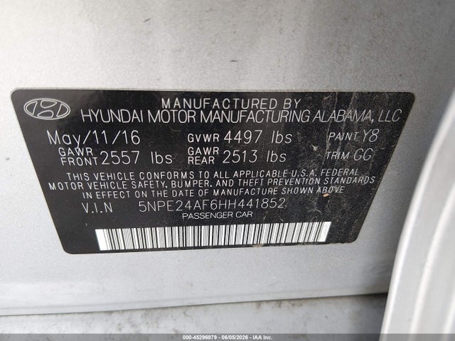 2017 Hyundai Sonata მანქანა იყიდება აუქციონზე, vin: 5NPE24AF6HH441852, აუქციონის ნომერი: 45296979