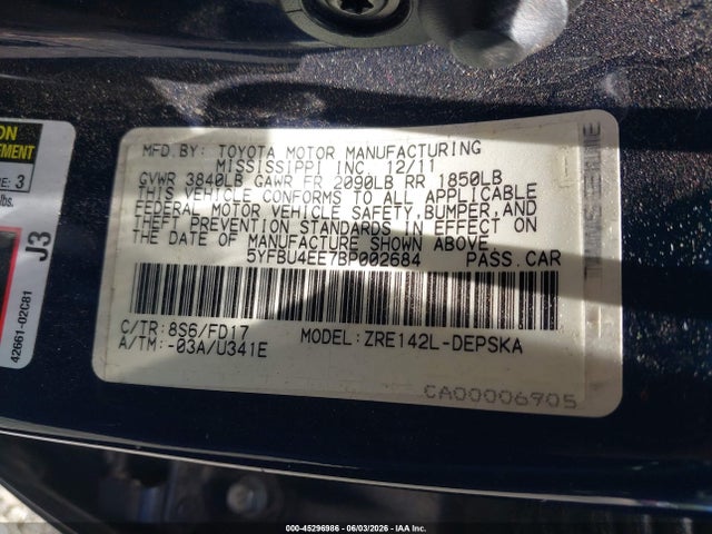 Auction sale of the 2011 Toyota Corolla S, vin: 5YFBU4EE7BP002684, lot number: 45296986
