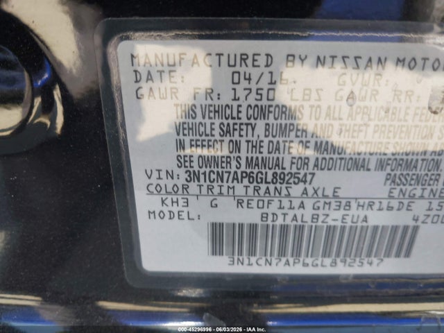3N1CN7AP6GL892547 Nissan Versa 1.6 Sv