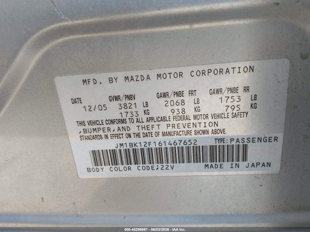 45296997 :رقم المزاد ، JM1BK12F161467652 vin ، 2006 Mazda Mazda3 I مزاد بيع