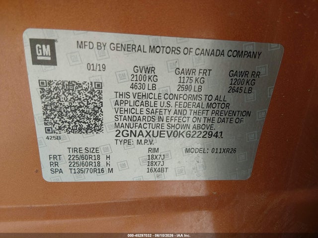 Продаж на аукціоні авто 2019 Chevrolet Equinox Lt, vin: 2GNAXUEV0K6222941, номер лоту: 45297032