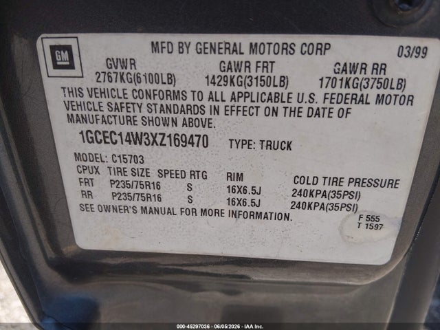 1999 Chevrolet Silverado 1500 მანქანა იყიდება აუქციონზე, vin: 1GCEC14W3XZ169470, აუქციონის ნომერი: 45297036
