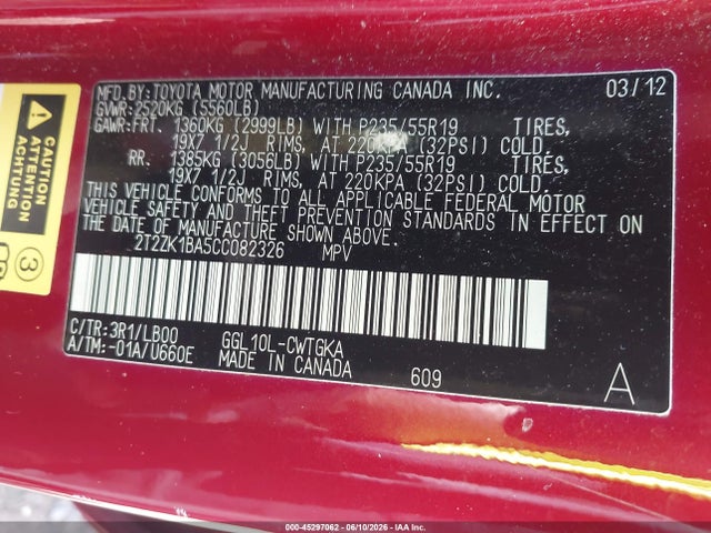 2012 Lexus Rx 350 მანქანა იყიდება აუქციონზე, vin: 2T2ZK1BA5CC082326, აუქციონის ნომერი: 45297062