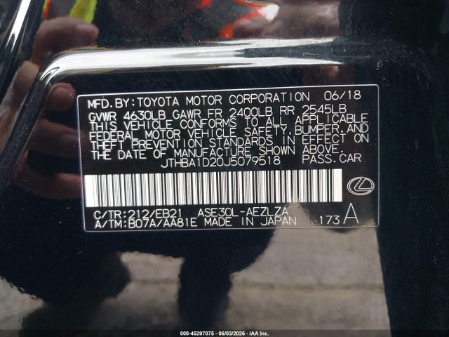 Aukcja sprzedaży 2018 Lexus Is 300, vin: JTHBA1D20J5079518, numer aukcji: 45297075