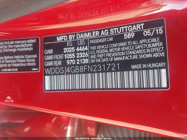 45297076 :رقم المزاد ، WDDSJ4GB8FN231721 vin ، 2015 Mercedes-benz Cla 250 4matic مزاد بيع