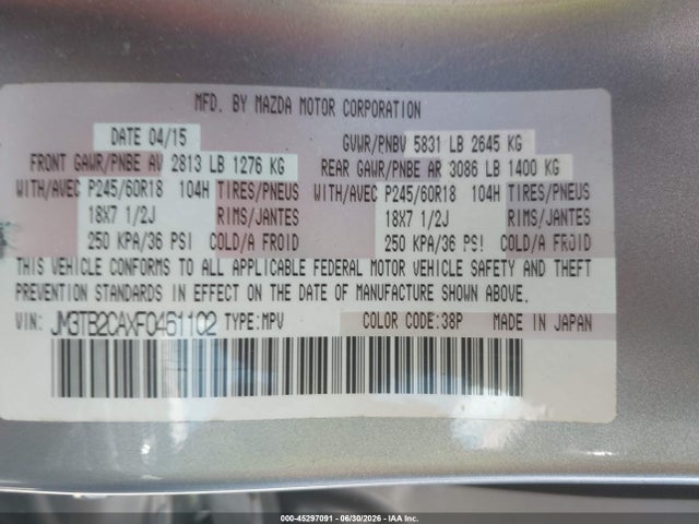 45297091 :رقم المزاد ، JM3TB2CAXF0461102 vin ، 2015 Mazda Cx-9 Touring مزاد بيع