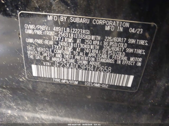 45297106 :رقم المزاد ، JF2SKADC9PH472658 vin ، 2023 Subaru Forester Premium مزاد بيع
