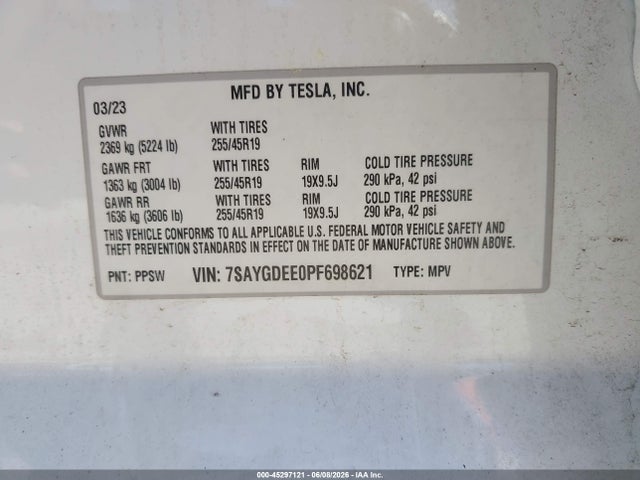 Aukcja sprzedaży 2023 Tesla Model Y Awd/long Range Dual Motor All-wheel Drive, vin: 7SAYGDEE0PF698621, numer aukcji: 45297121