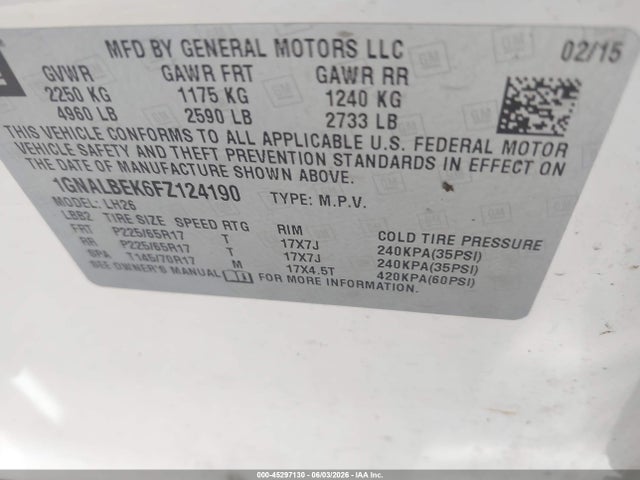 Aukcja sprzedaży 2015 Chevrolet Equinox 1lt, vin: 1GNALBEK6FZ124190, numer aukcji: 45297130