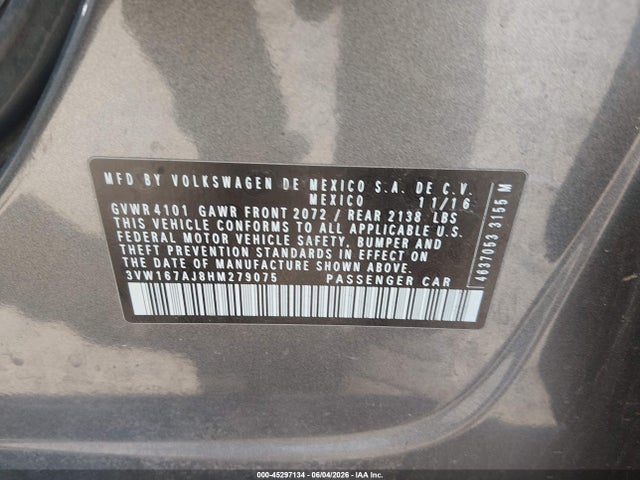 45297134 :رقم المزاد ، 3VW167AJ8HM279075 vin ، 2017 Volkswagen Jetta 1.4t S مزاد بيع