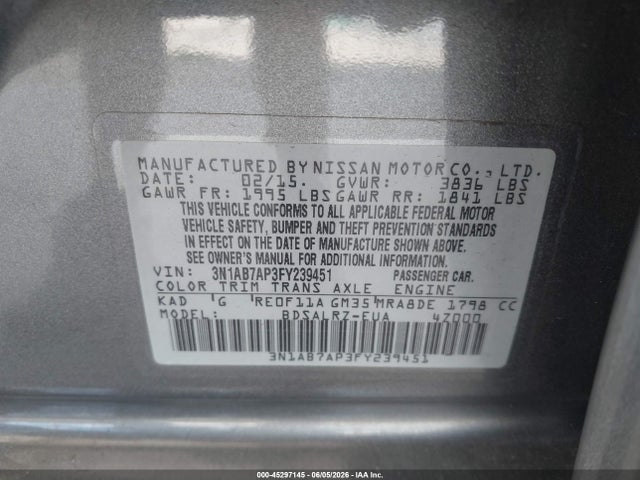 Aukcja sprzedaży 2015 Nissan Sentra Sr, vin: 3N1AB7AP3FY239451, numer aukcji: 45297145