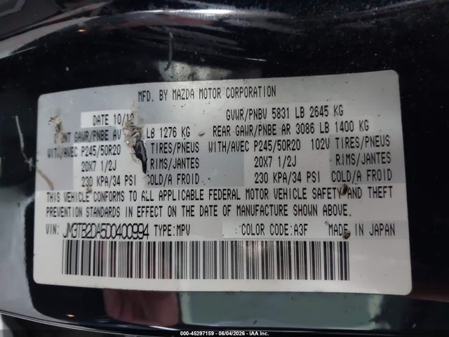 Aukcja sprzedaży 2013 Mazda Cx-9 Grand Touring, vin: JM3TB2DA5D0400994, numer aukcji: 45297159
