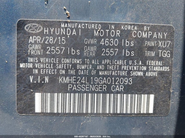 Продажа на аукционе авто 2016 Hyundai Sonata Hybrid Se, vin: KMHE24L19GA012093, номер лота: 45297167