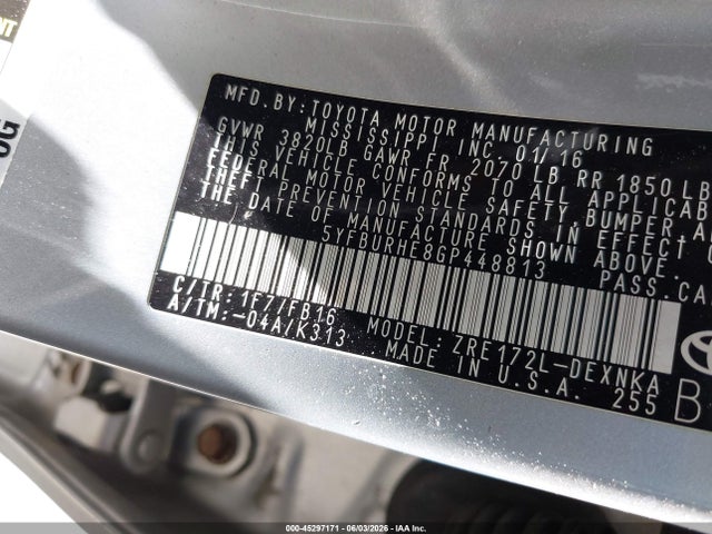 45297171 :رقم المزاد ، 5YFBURHE8GP448813 vin ، 2016 Toyota Corolla Le مزاد بيع