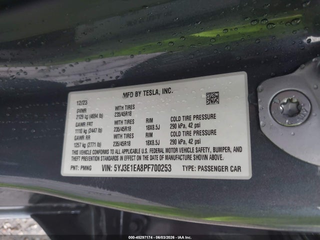 45297174 :رقم المزاد ، 5YJ3E1EA8PF700253 vin ، 2023 Tesla Model 3 Rear-wheel Drive مزاد بيع