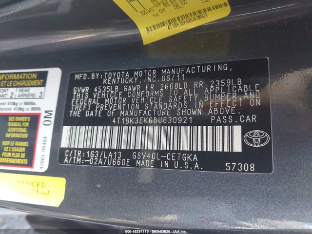 Aukcja sprzedaży 2011 Toyota Camry Xle V6, vin: 4T1BK3EK6BU630921, numer aukcji: 45297175