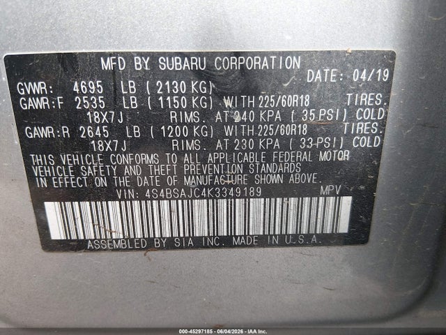 Subaru Outback 2.5i Limited 2019 4S4BSAJC4K3349189 Image 9