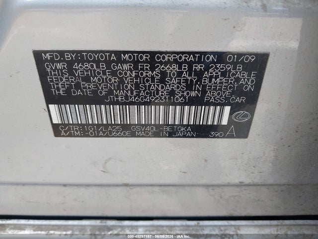 Aukcja sprzedaży 2009 Lexus Es 350, vin: JTHBJ46G492311061, numer aukcji: 45297187