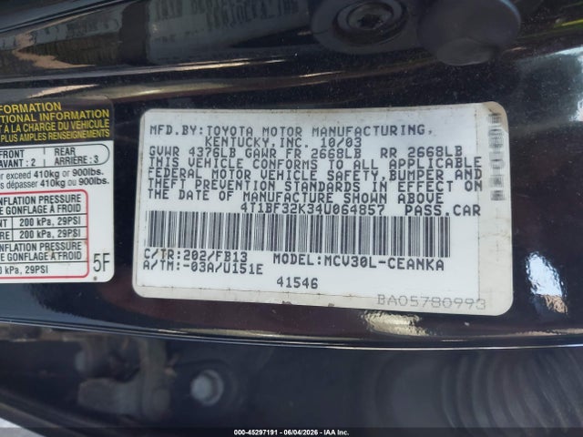 Aukcja sprzedaży 2004 Toyota Camry Le V6, vin: 4T1BF32K34U064857, numer aukcji: 45297191