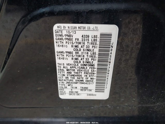 2013 Nissan Rogue S მანქანა იყიდება აუქციონზე, vin: JN8AS5MT7DW042317, აუქციონის ნომერი: 45297201