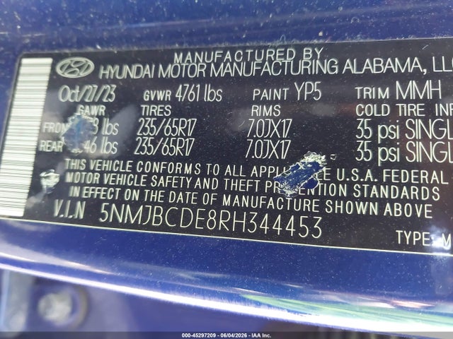 45297209 :رقم المزاد ، 5NMJBCDE8RH344453 vin ، 2024 Hyundai Tucson Sel مزاد بيع