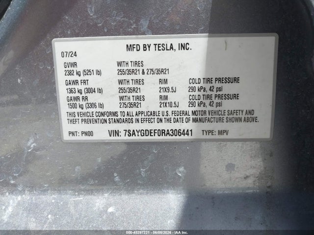45297221 :رقم المزاد ، 7SAYGDEF0RA306441 vin ، 2024 Tesla Model Y Performance Dual Motor All-wheel Drive مزاد بيع