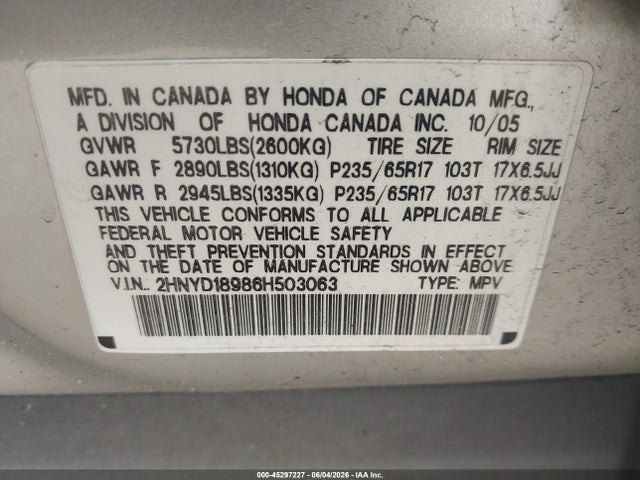 45297227 :رقم المزاد ، 2HNYD18986H503063 vin ، 2006 Acura Mdx مزاد بيع