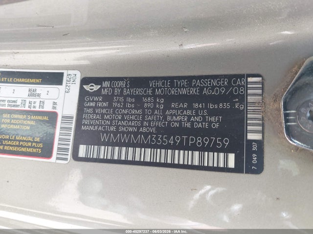 45297237 :رقم المزاد ، WMWMM33549TP89759 vin ، 2009 Mini Cooper S Clubman مزاد بيع