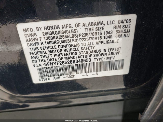 Продажа на аукционе авто 2006 Honda Pilot Ex-l, vin: 5FNYF28526B040653, номер лота: 45297247