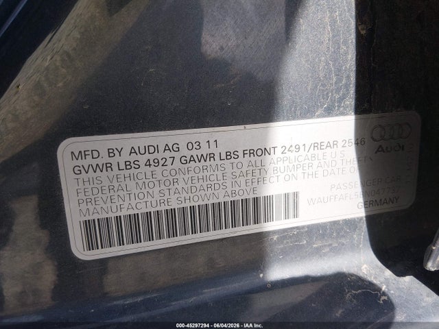 Auction sale of the 2011 Audi A4 2.0t Premium, vin: WAUFFAFL5BN047737, lot number: 45297294