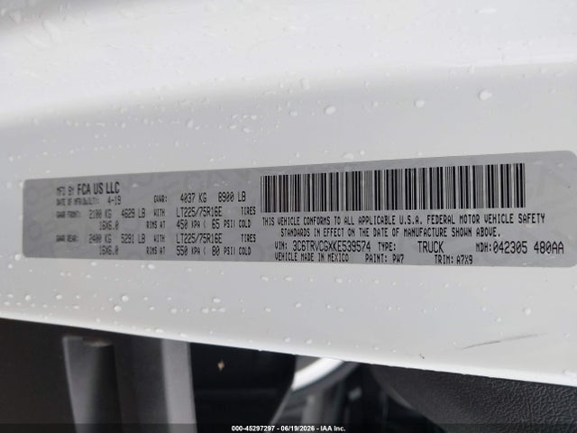 45297297 :رقم المزاد ، 3C6TRVCGXKE539574 vin ، 2019 Ram Promaster 2500 High Roof 136 Wb مزاد بيع